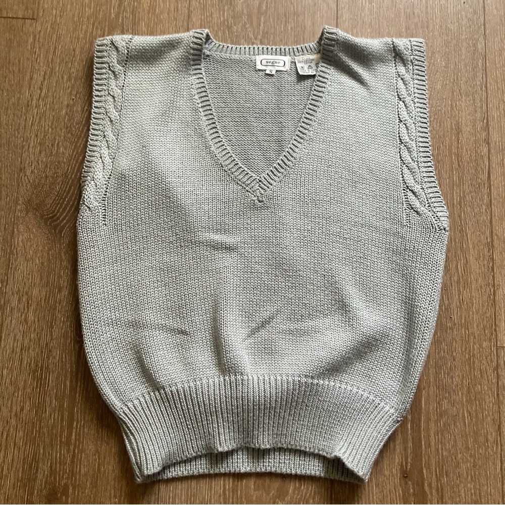 VTG Segue Sweater Vest V-Neck 100% Cotton Knit Gray Sz S